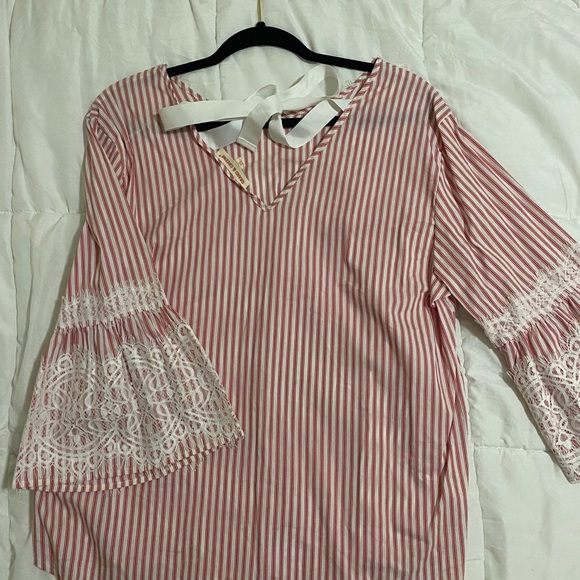 Red Striped Lace Detail Blouse - Picture 3 of 3